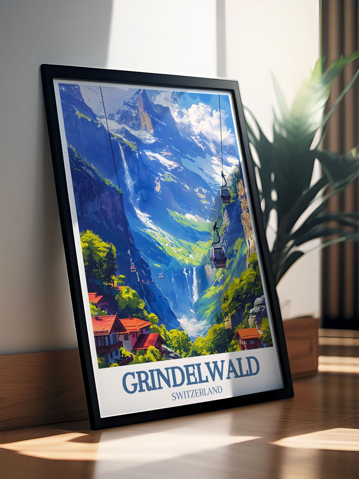 A beautiful vintage print of Eiger mountain Grindelwald First highlighting the iconic scenery of the Swiss Alps. Ideal for Grindelwald wall art this artwork brings the serene charm of the mountain village into your home.