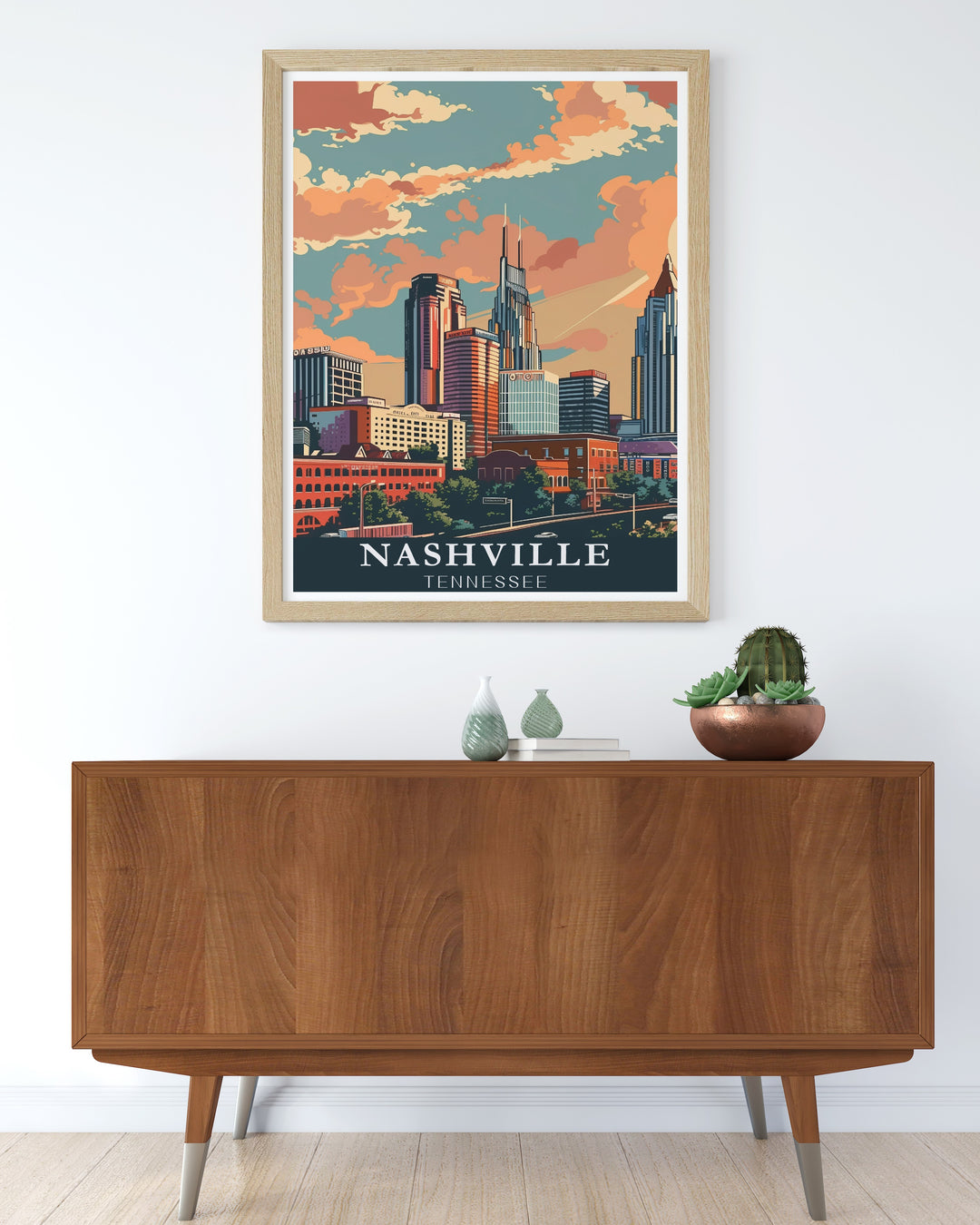 Experience the beauty of Tennessees capital with this Skyline Travel Print, showcasing the iconic buildings of Nashville. This print is ideal for those who appreciate city life and the cultural vibrancy of Music City.