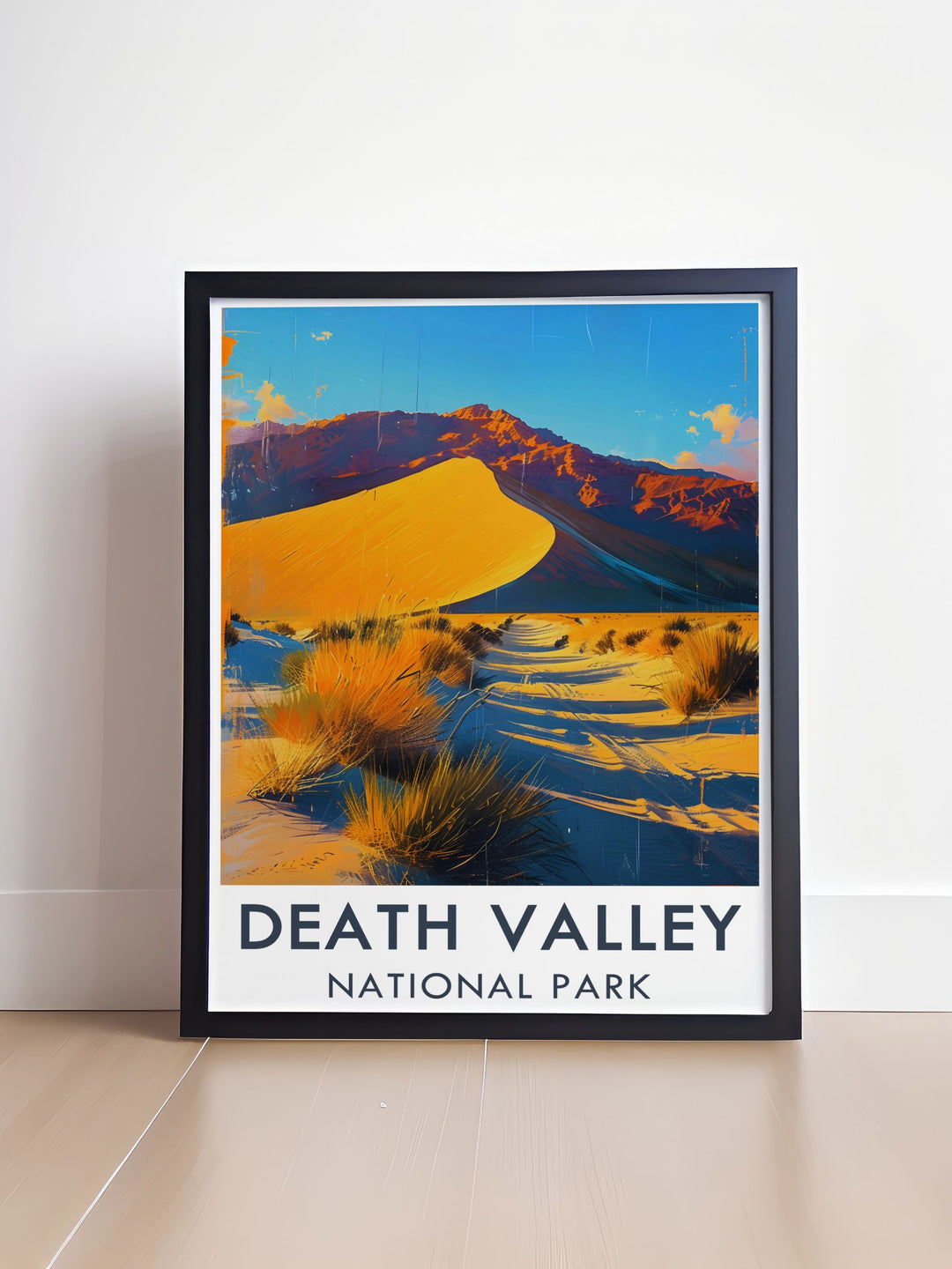 Travel poster featuring the Mesquite Flat Sand Dunes in Death Valley, highlighting the rolling sand dunes and dramatic vistas of the park, ideal for adding a touch of desert beauty to your decor.