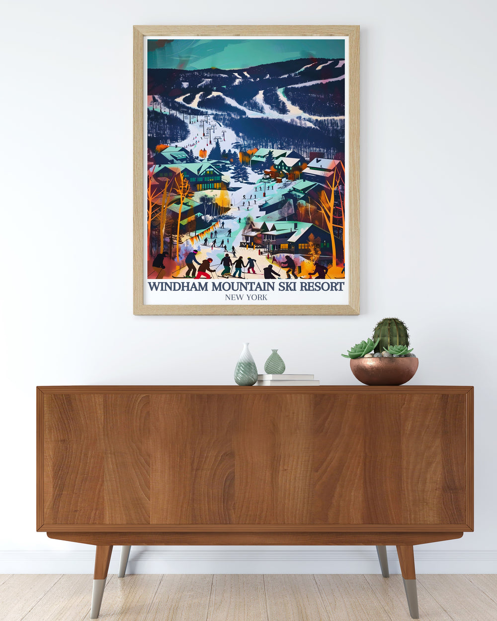 Windham Mountain village Catskill Mountains modern art showcasing the charm of New York Skiing with a vintage ski poster design that enhances any living room decor ideal for those who enjoy the thrill of winter sports and mountain scenery