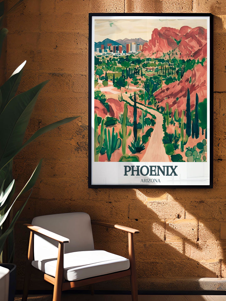 Phoenix Poster Print highlighting the iconic Camelback Mountain with the lush Desert Botanical Garden. This travel print captures the natural beauty of Arizona, making it a perfect addition to your home or office.