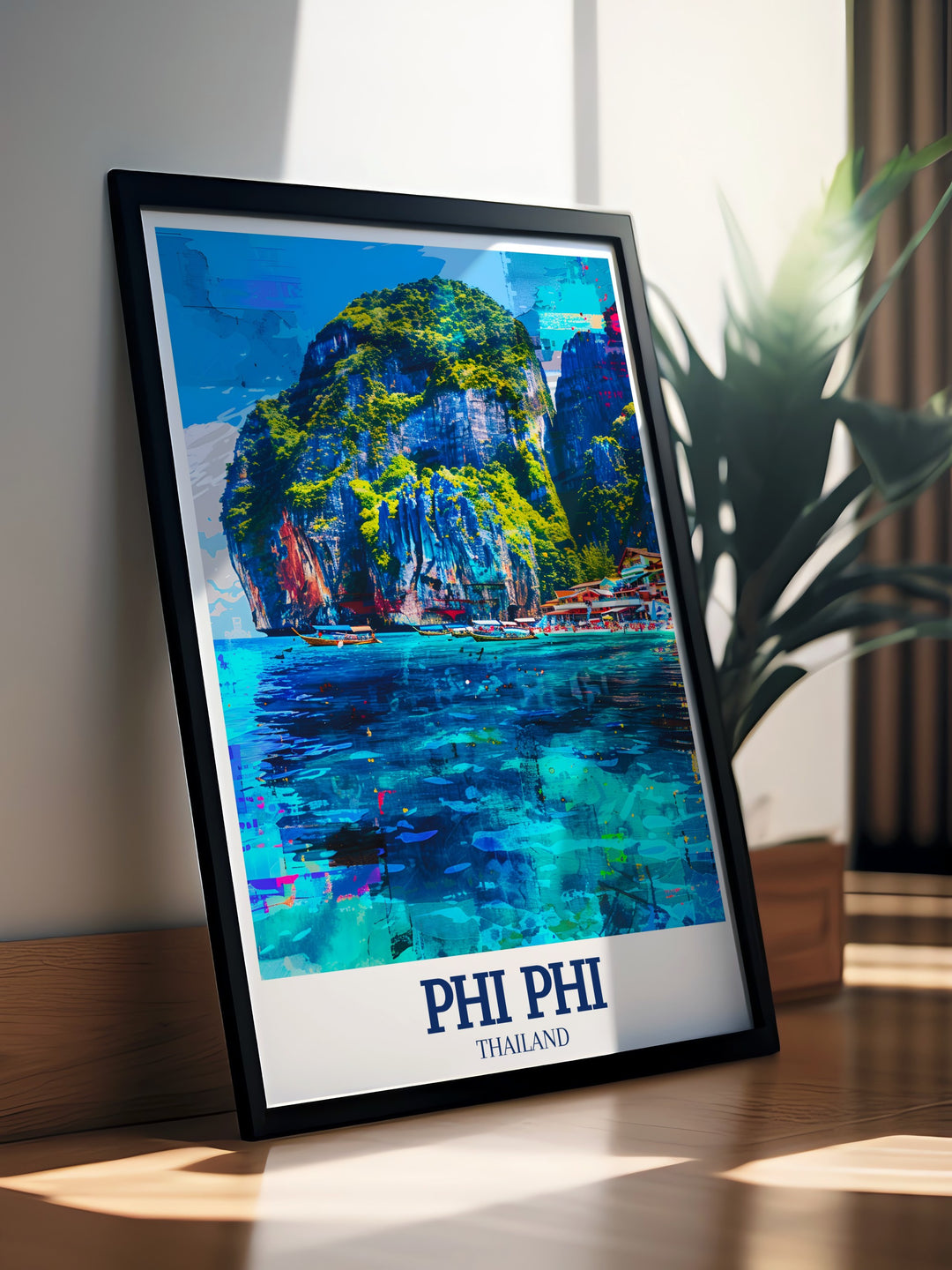 Experience the beauty of Thailands Phi Phi Islands with this vibrant travel poster featuring Phi Phi, Phi Phi Leh, and Tonsai Bay. Perfect for tropical decor, this artwork adds a touch of the beach and adventure to any room.