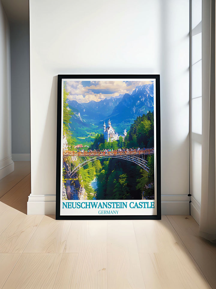 This travel poster of Neuschwanstein Castle highlights the castles fairy tale like appearance and the breathtaking views from Marienbrücke, making it a perfect piece for those who love diverse cultural and architectural landmarks.
