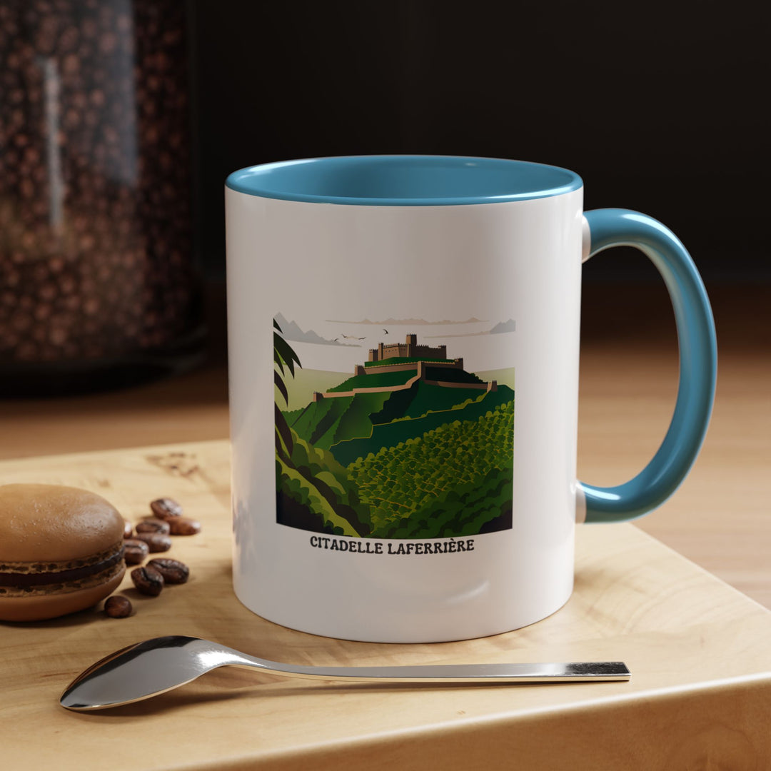 The Laferriere Citadel Haiti mug is a stunning piece showcasing the iconic Haitian landmark. Made from durable ceramic, this mug is microwave-safe and dishwasher-safe, making it perfect for daily use or as a thoughtful gift for Haiti lovers.