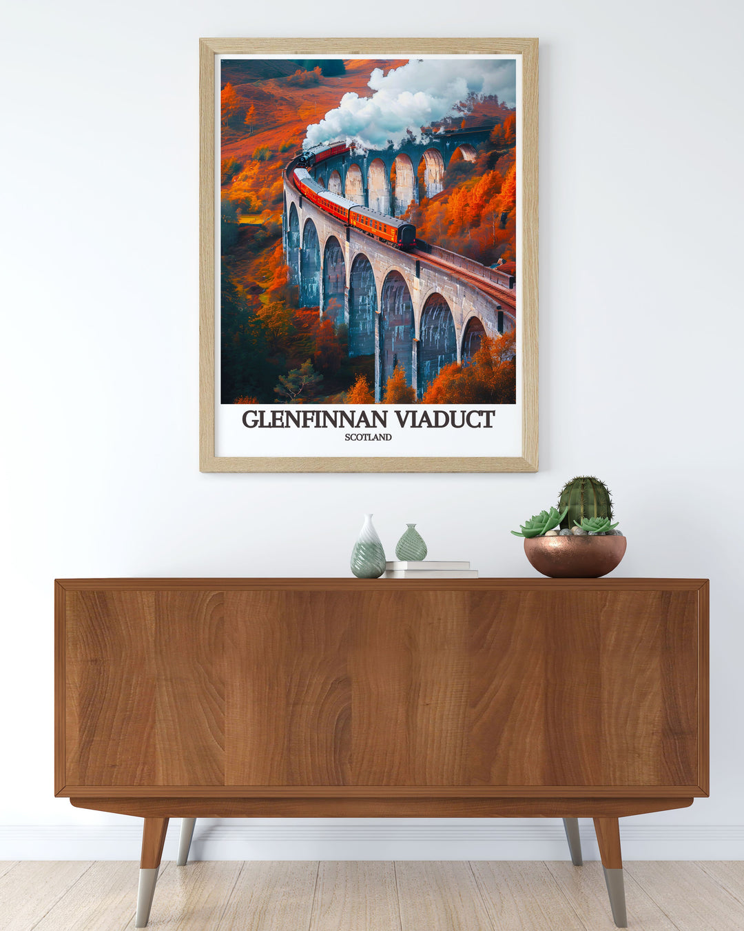 Modern wall decor of the Glenfinnan Viaduct, capturing the serene beauty of its surroundings and the iconic structure itself, perfect for bringing a piece of Scotlands heritage into your home.