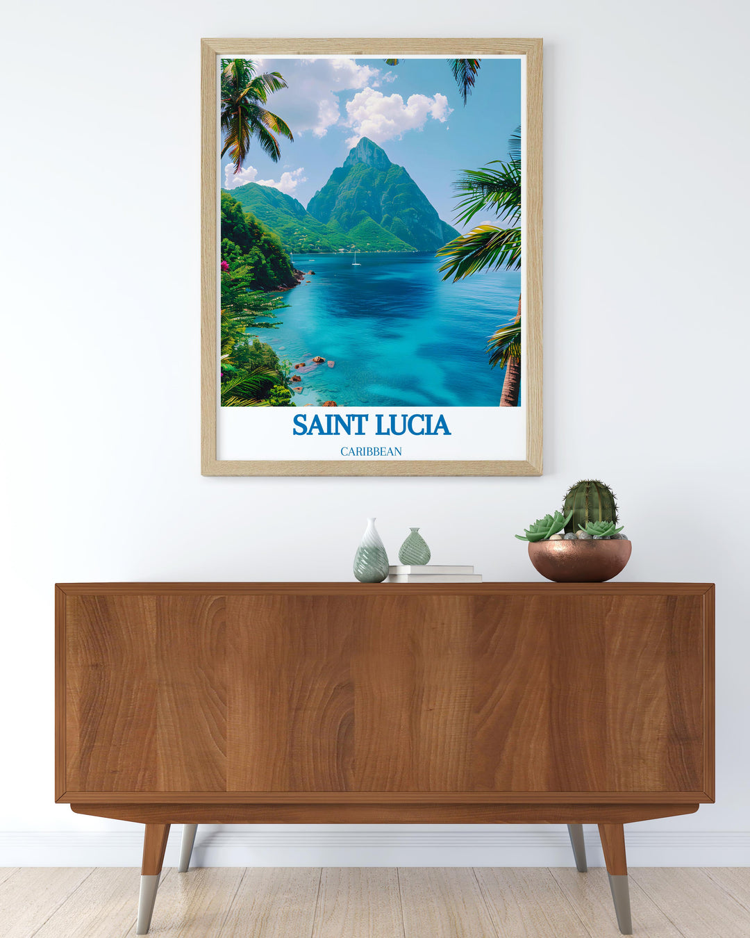 Saint Lucia Print with the Pitons as the focal point is a beautiful choice for anniversary gifts birthday gifts or Christmas gifts this artwork brings the serene beauty of the Caribbean into your home creating a tranquil and inviting atmosphere