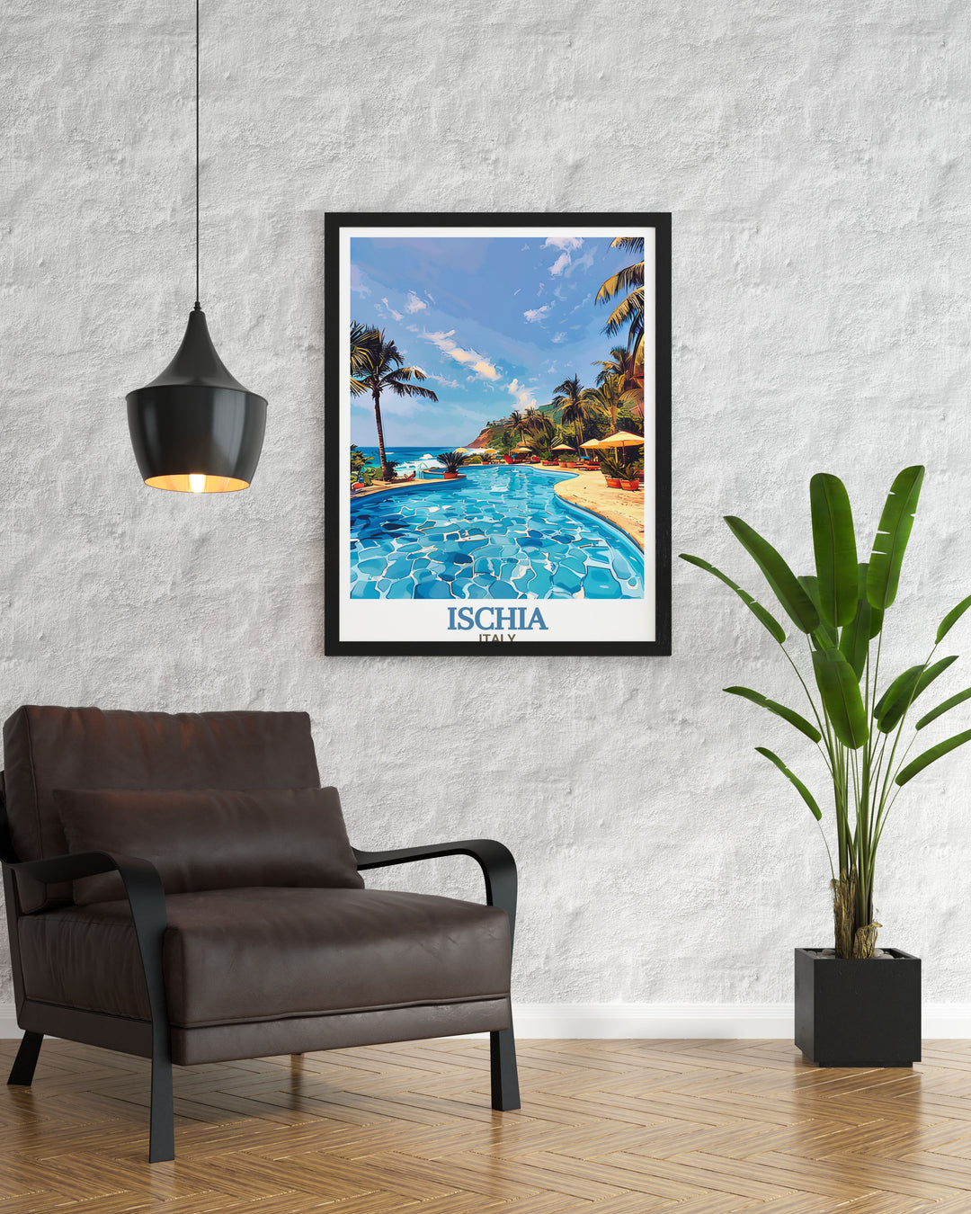 A stunning poster print featuring Ischias Negombo Thermal Park, showcasing the vibrant greenery and serene hot springs of this famous Italian retreat. Perfect for travel enthusiasts and nature lovers, this artwork brings the peaceful charm of Ischia into your home décor.