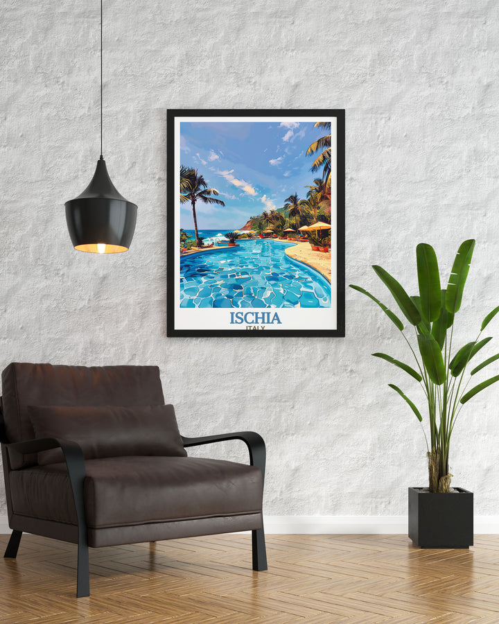 A stunning poster print featuring Ischias Negombo Thermal Park, showcasing the vibrant greenery and serene hot springs of this famous Italian retreat. Perfect for travel enthusiasts and nature lovers, this artwork brings the peaceful charm of Ischia into your home décor.