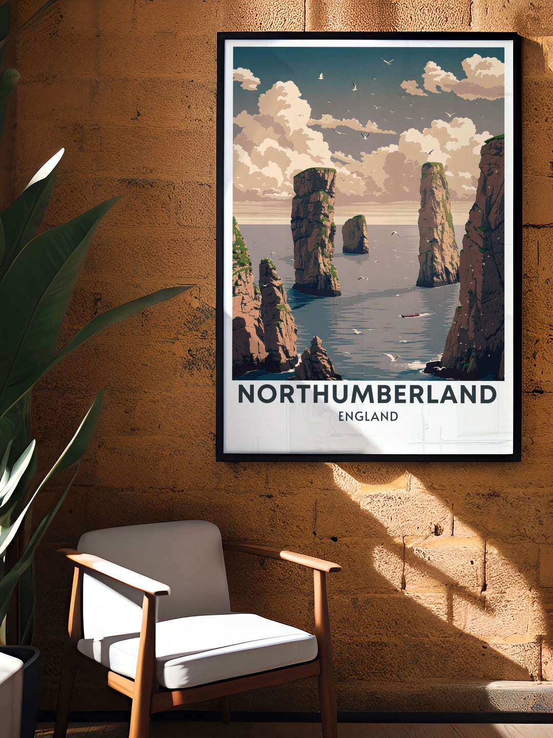 Northumberland print featuring the charming village of Seahouses and the serene Farne Islands. This seaside travel print is perfect for those who love coastal landscapes and vintage travel art.