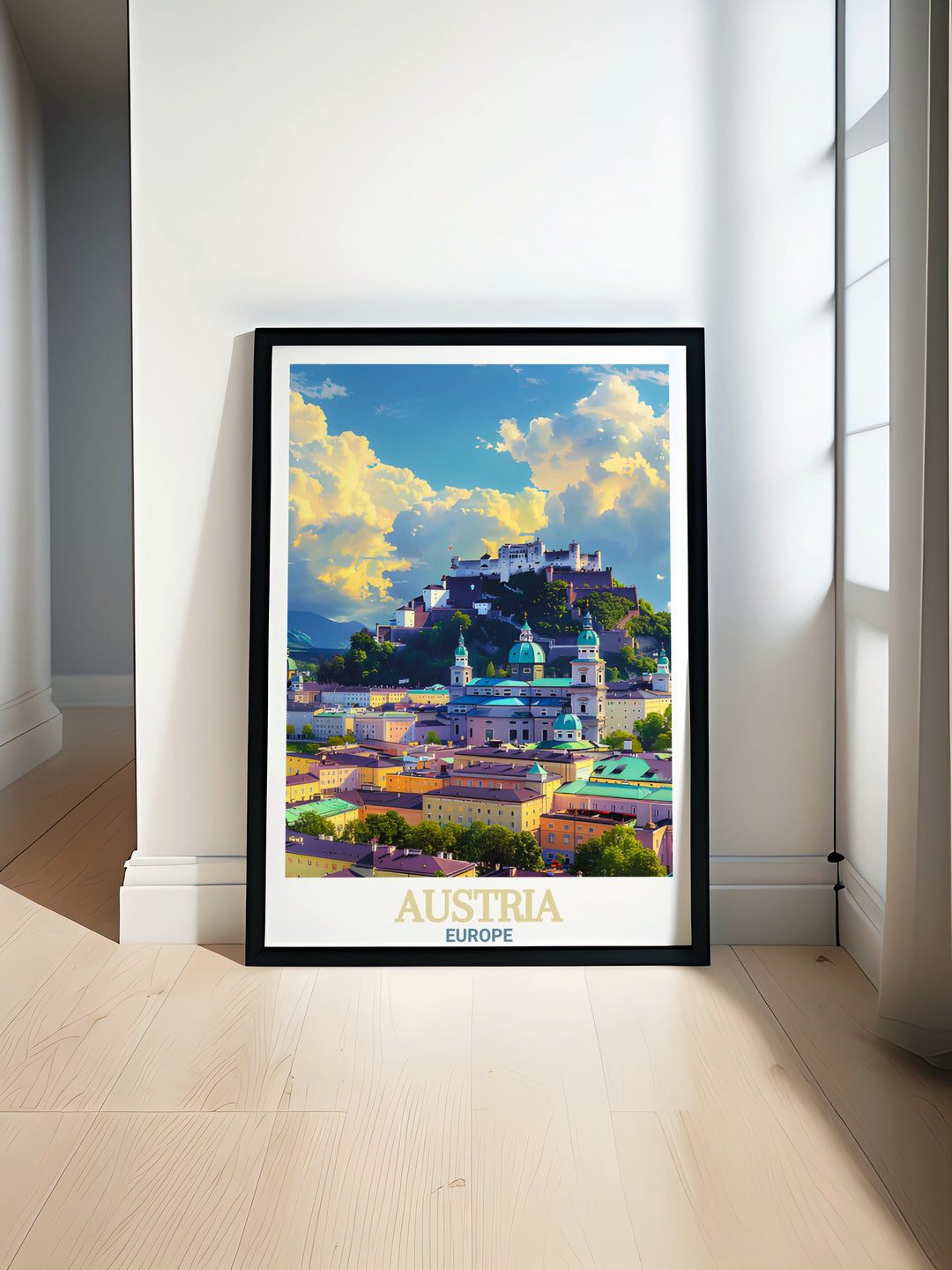 Austria Travel Poster showcasing Salzburgs Historic Center with colorful and fine line details. Perfect Austria wall art for living room or office decor. The Austria print captures the beauty of the citys iconic architecture in a modern and stylish way.