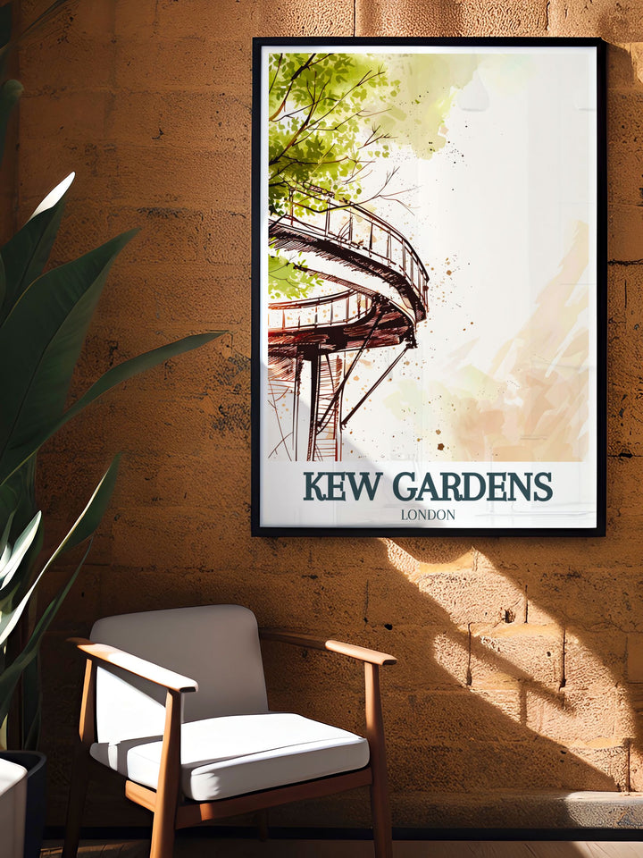 Arboretum Wall Art features the lush greenery of Kew Gardens and the architectural beauty of the Treetop Walkway. This art print brings a touch of nature into your home, perfect for anyone who loves English landscapes. A timeless piece that complements modern and traditional interiors alike.