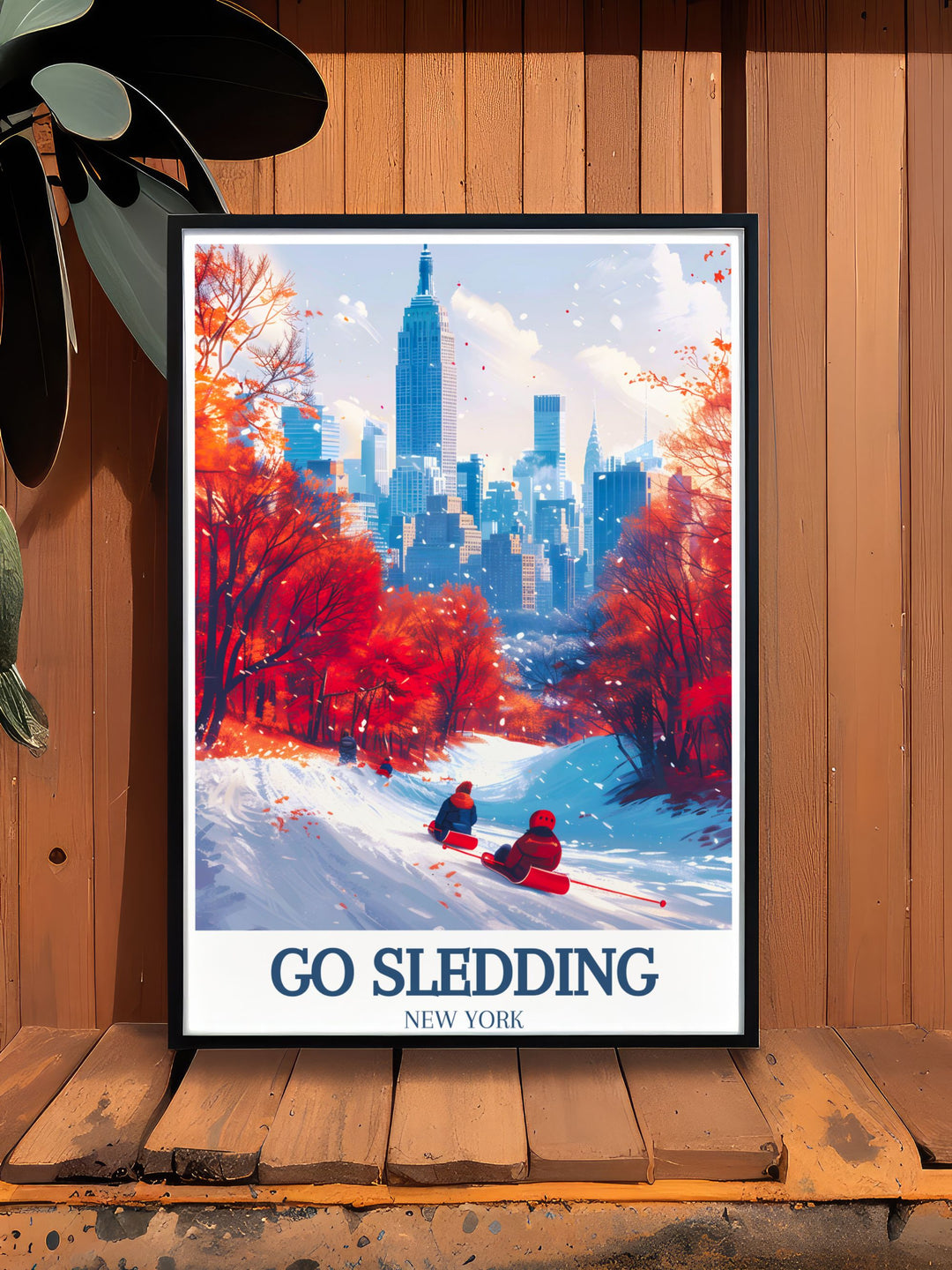 Canvas art depicting the thrill of sledding in Central Park, highlighting the dynamic landscape and festive winter atmosphere in New York City.