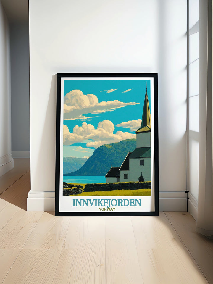Beautiful travel print of Innvik Church showcasing the tranquil waters and majestic fjord cliffs of the Norwegian Fjords perfect for bringing Norway landscape and Nordic scenery into your home