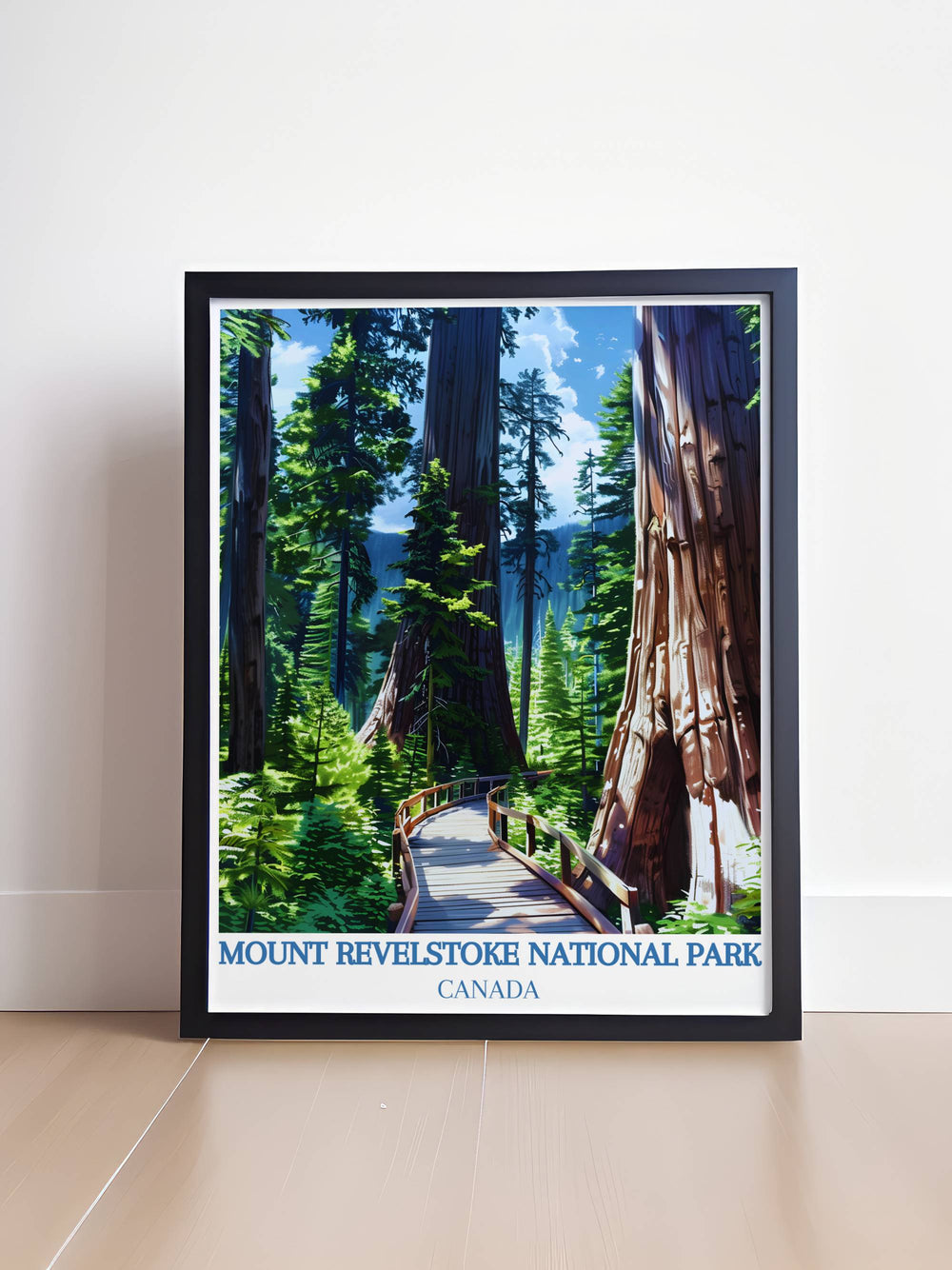 Enhance your living space with a Giant Cedars Boardwalk Trail artwork. This framed print captures the grandeur of Canadas Rocky Mountains, including Revelstoke and Banff National Park, in a stunning retro travel poster design.