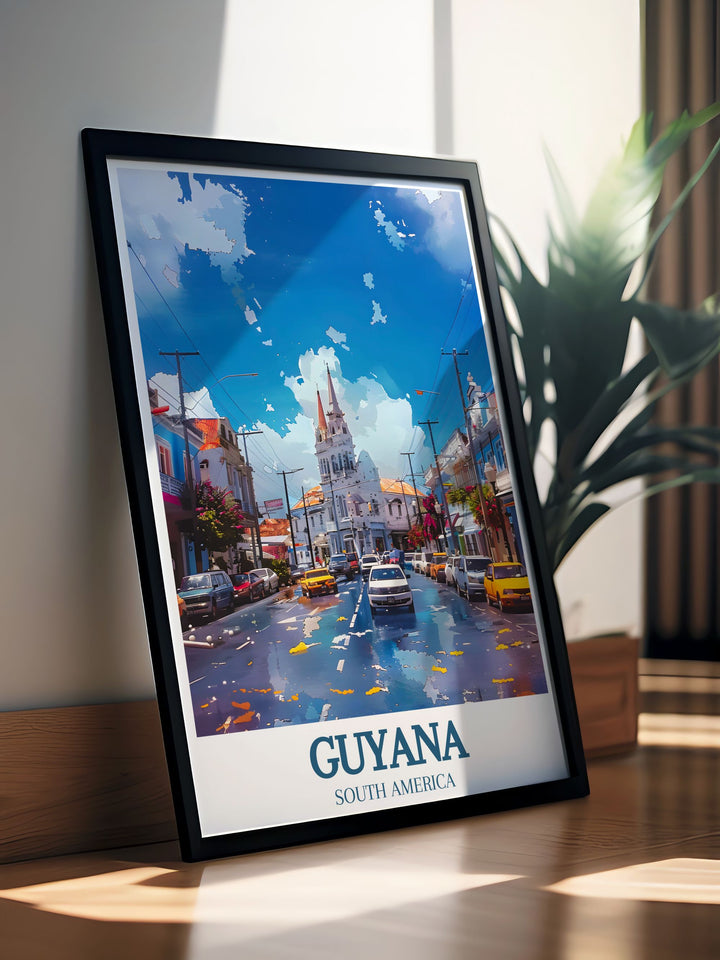 An intricate depiction of Georgetowns vibrant street life, this poster captures the bustling markets and lively atmosphere, making it a captivating piece for any room.