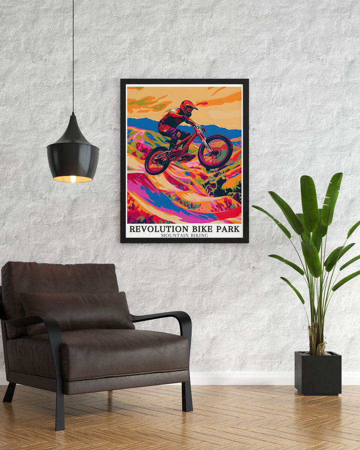 Revolution Bike Parks The Phoenix Trail. This art piece brings the thrill of mountain biking into your home, showcasing the challenging terrain and scenic views. Perfect for biking enthusiasts.