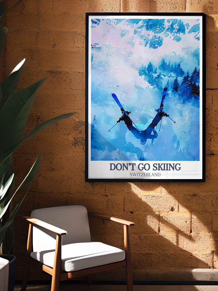 Zermatt, Switzerland skiing wall art that captures the fun and excitement of the ski resort. This framed print is perfect for any ski lovers home decor, offering a blend of modern art and vintage charm. A great gift for anyone who enjoys the winter sports scene.