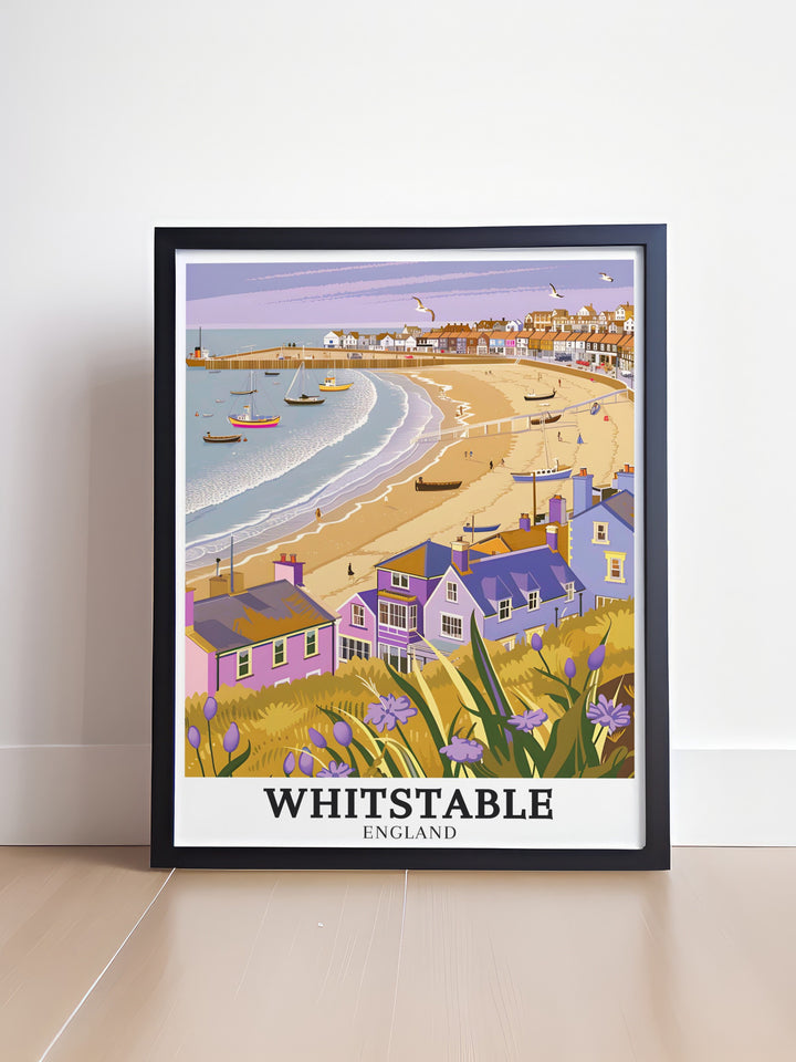 Coastal wall art featuring Whitstable Beach with its clear blue waters and golden sands. This print adds a touch of coastal elegance to your decor, offering a daily reminder of the beauty of the English seaside.