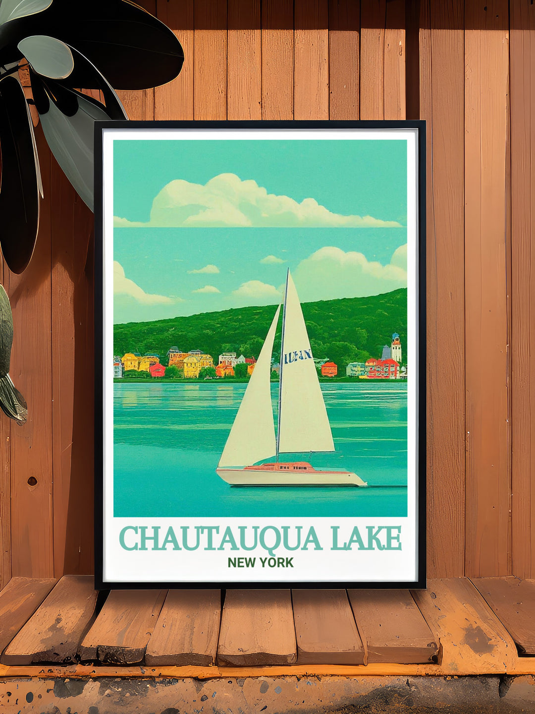 Capture the spirit of a lakeside retreat with this travel poster, highlighting the peaceful waters and scenic views of Chautauqua Lake. Perfect for lovers of nature and outdoor adventures.