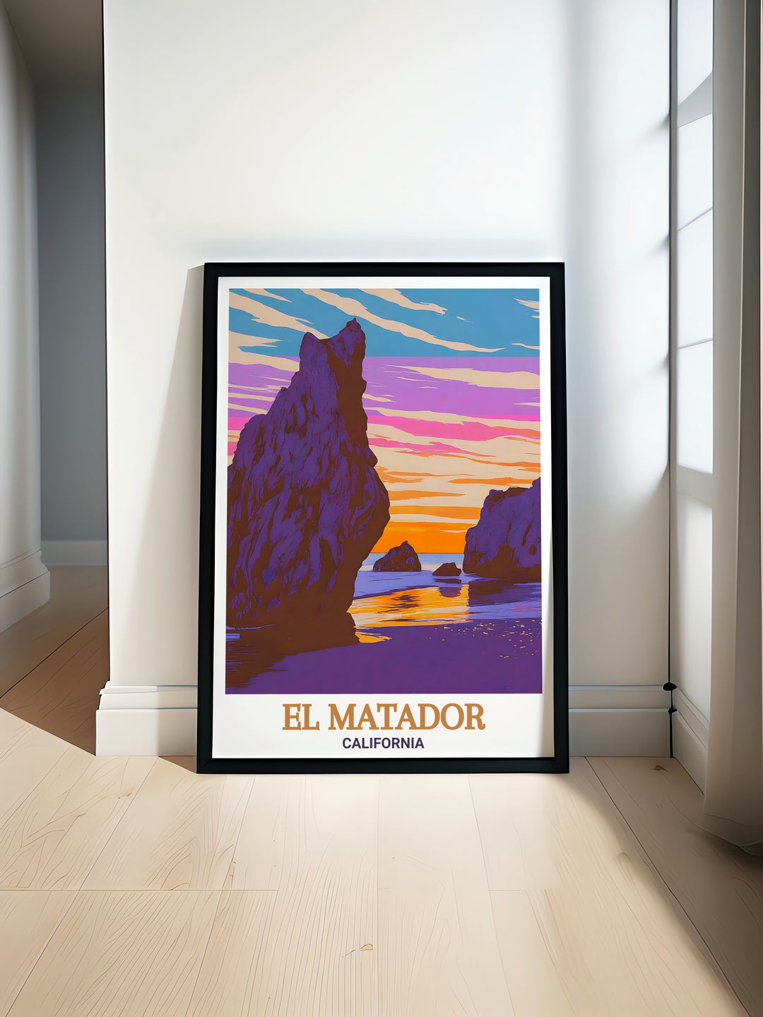 Stunning Sunsets Poster Print showcases the beauty of El Matador Beach during a golden sunset. This travel print captures the peaceful ambiance of the California coast, making it a perfect addition to any coastal or beach themed decor.