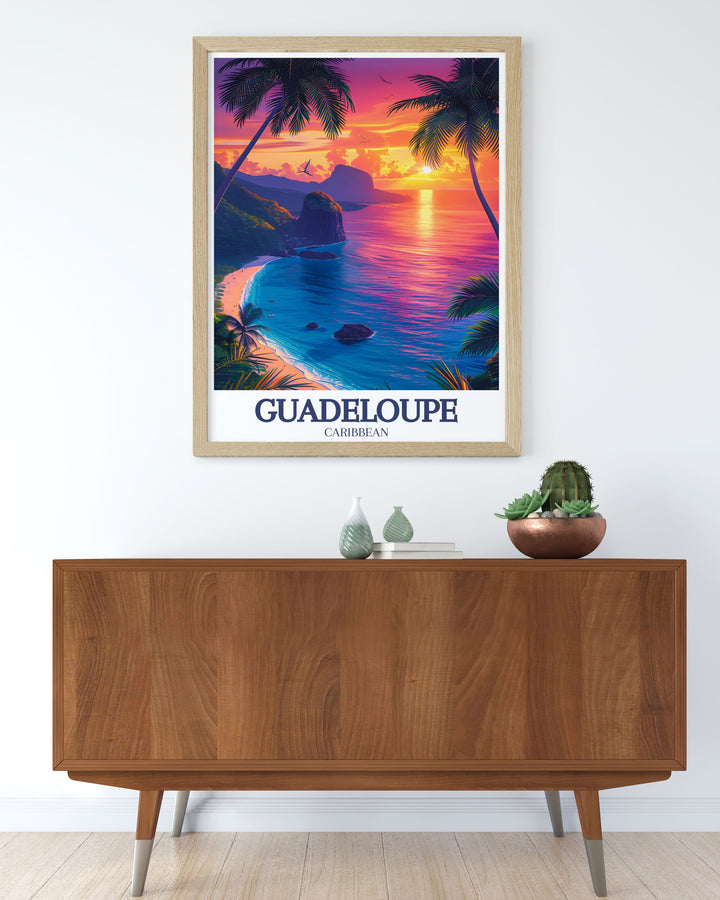 Guadeloupes rich history is highlighted in this poster, featuring cultural landmarks that reflect the islands diverse heritage. For those who love history, this artwork offers a glimpse into the vibrant past of this Caribbean paradise.