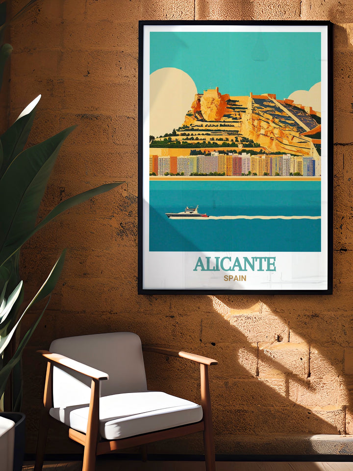 Framed print of Castillo de Santa Bárbara highlighting the breathtaking views of Alicante and the Mediterranean Sea. A great gift for those who appreciate history and architecture, this artwork captures the essence of Alicantes iconic landmark. Perfect for enhancing your home decor.