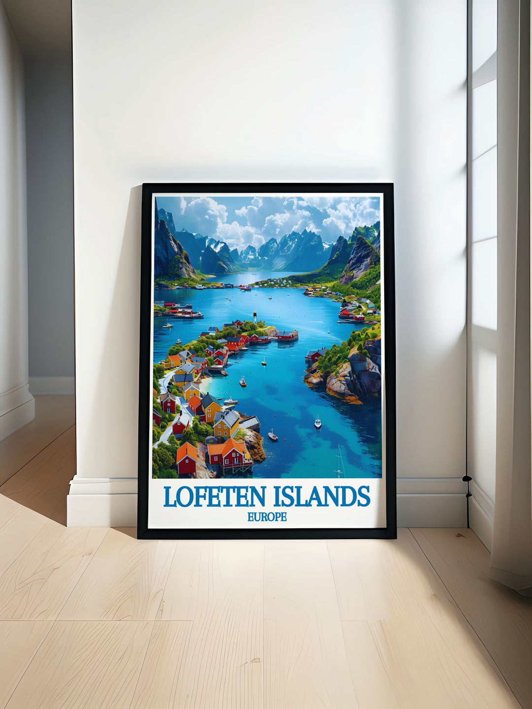 Custom print of Henningsvær in the Lofoten Islands, Norway, featuring the serene beauty of the village with its colorful houses and towering peaks. This personalized artwork captures the tranquility of the coastal landscape, making it a unique piece of art for any home decor. The vibrant colors and intricate details bring the scene to life, making this custom print a standout piece.