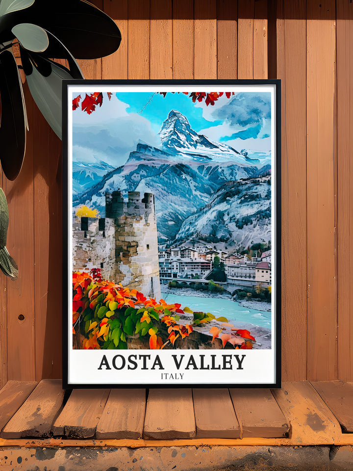 An exquisite framed art print showcasing Italys iconic Aosta Valley, Bard, and Monte Rosa. This artwork captures the essence of Italys natural and historical landmarks, offering a visual journey through the heart of the Alps. The detailed depiction of these sites makes it a perfect addition to any art collection or home decor. Ideal for those who cherish Italys landscapes and history, this print serves as both a beautiful decoration and a cherished memento.