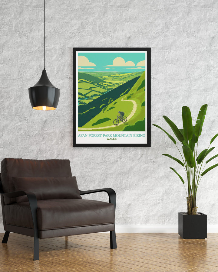 Afan Forest Mountain Biking framed art capturing the Skyline Trails rugged terrain and picturesque landscapes in South Wales. A perfect addition to any adventure themed space, this print celebrates one of Wales most famous biking trails.