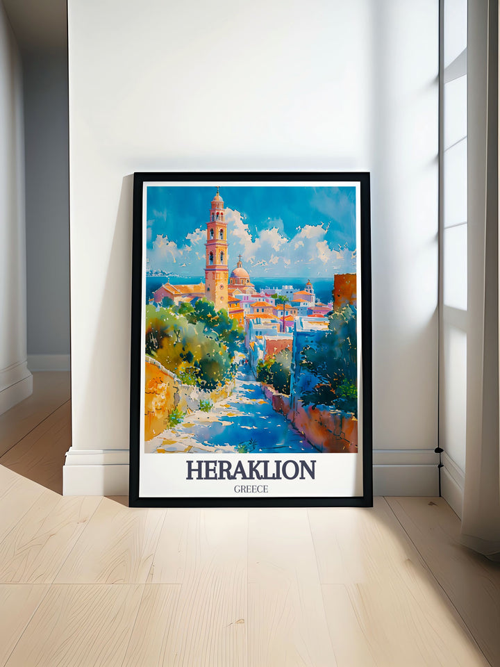 Fine art print of Heraklion featuring the stunning Agios Minas Cathedral in Crete, Greece. This poster captures the elegance of the Byzantine architecture, grand dome, and intricate frescoes, perfect for lovers of Greek cultural heritage and historical landmarks.