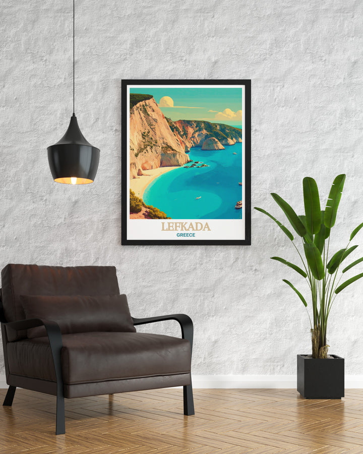 Porto Katsiki Beach Artwork features the beautiful contrast of white cliffs and turquoise waters making it the perfect addition to Greece Island Decor. Whether framed or unframed this print brings the tranquility of Greece into any space.