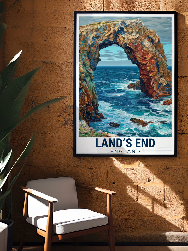 Enys Dodnan Arch framed prints offer a striking view of one of Cornwalls natural wonders. This Cornwall artwork is ideal for adding coastal elegance to any room capturing the archs beauty and the surrounding ocean for a peaceful and refined decor choice