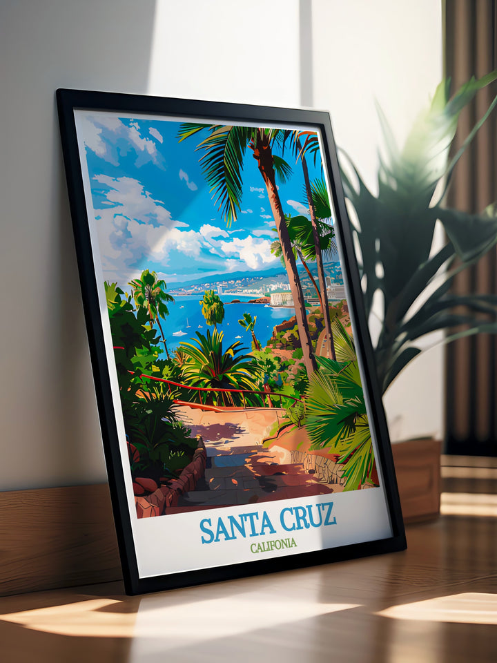 California print highlighting the coastal beauty of Santa Cruz and Palmetum de Santa Cruz. A great addition to modern living room decor or as a gift for California travel lovers who enjoy vibrant wall art and sophisticated home decor.