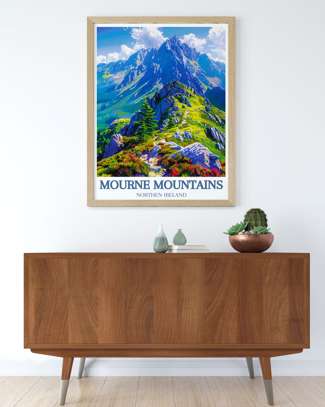 This detailed poster of the Mourne Mountains illustrates the dramatic peaks and rolling hills, making it an excellent addition to any art collection celebrating natural beauty.