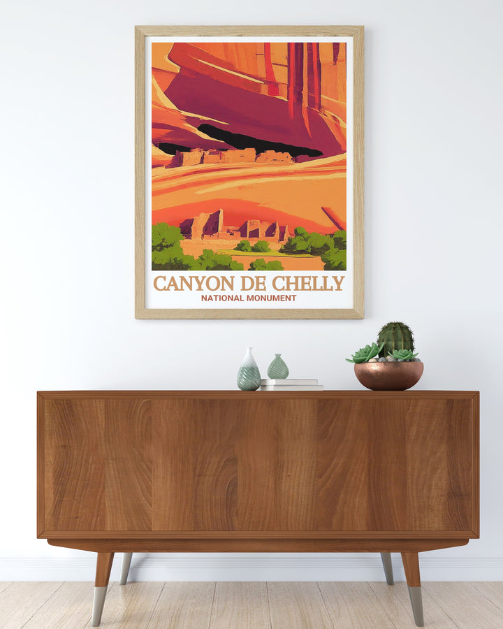 Transport yourself to the heart of the Southwest with this travel poster, featuring the rugged landscapes of Canyon de Chelly and the historic Antelope House Ruin. Perfect for adventurers and history buffs alike.