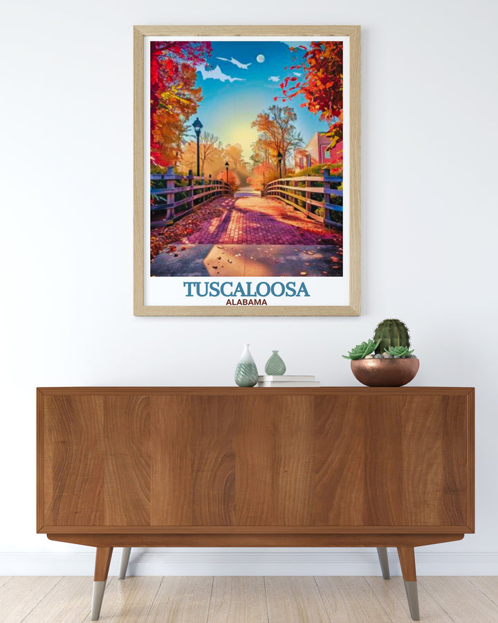 Beautiful Tuscaloosa wall art highlighting the Tuscaloosa Riverwalk and the citys skyline an excellent Tuscaloosa gift and decor piece for any space capturing the unique charm and spirit of Tuscaloosa Alabama in a stunning modern print