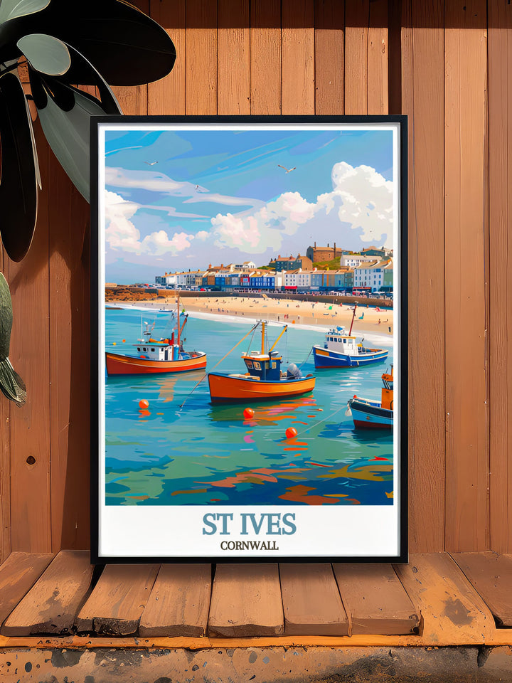 This vintage inspired poster of St Ives highlights the towns rich history and picturesque harbour, offering a glimpse into one of Cornwalls most enchanting locations.
