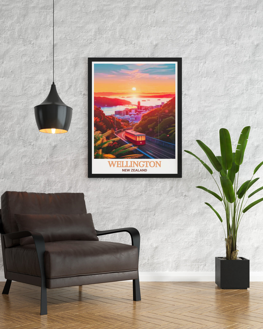 Wellington poster print capturing the dynamic cityscape of New Zealands capital alongside its iconic red cable car. Perfect for travel lovers, this art print brings a sense of adventure and urban beauty to any living space.