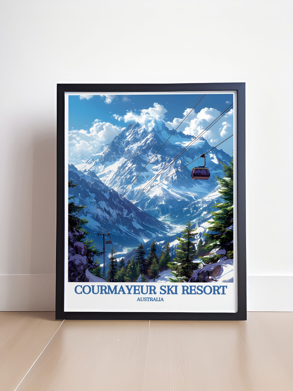 Illustrated with a vintage style, this retro travel print brings the stunning landscapes of Courmayeur and Mont Blanc to life, ideal for enhancing any room with the beauty of the Italian Alps.