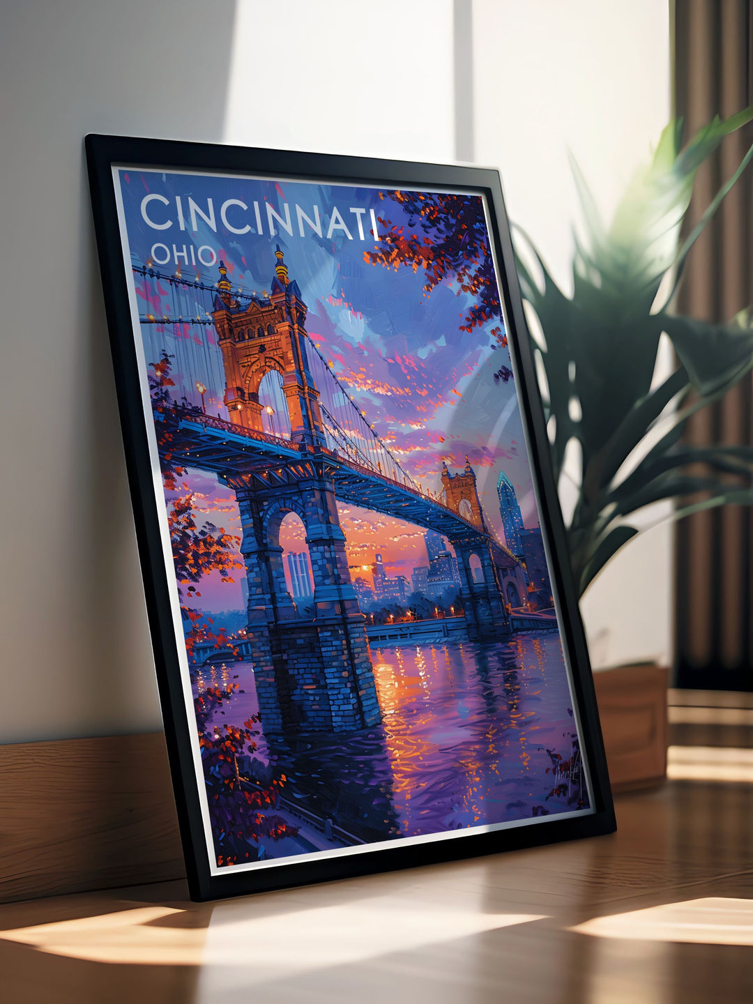 Experience the beauty of Cincinnati with a stunning print of the Roebling Suspension Bridge. This artwork showcases the bridges majestic towers and sweeping cables, bringing a piece of the city into your home.