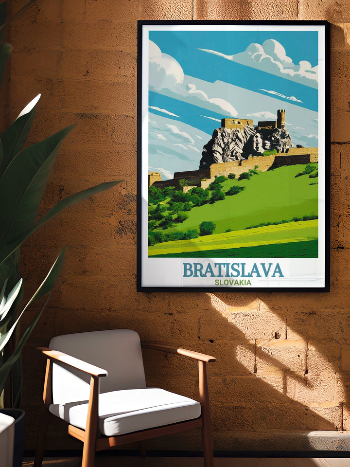 Devin Castle travel poster highlighting the grandeur and timeless beauty of this historic site a perfect addition to living rooms bedrooms or offices enhancing any space with sophistication