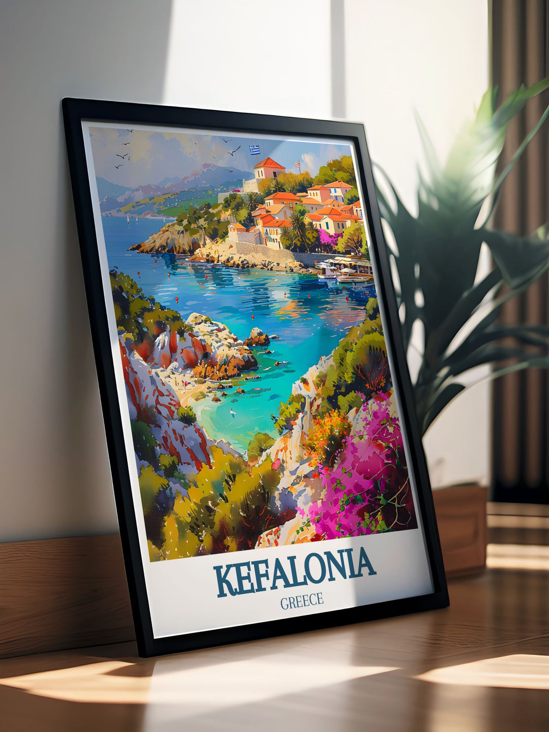 Poster of Kefalonia, emphasizing its crystal clear waters, lush landscapes, and charming villages. The detailed illustration captures the islands blend of natural beauty and cultural richness.