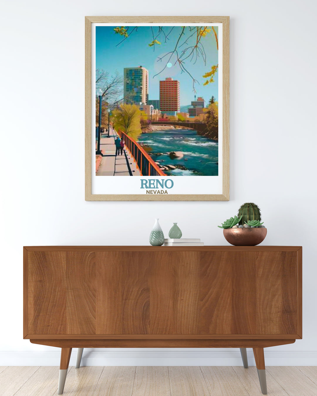 A detailed vintage poster of the Truckee Riverwalk in Reno, capturing the scenic beauty of the river and the surrounding urban landscape. This travel print showcases the vibrant atmosphere of downtown Reno and makes a perfect addition to any home decor, ideal for adventurers and city lovers.