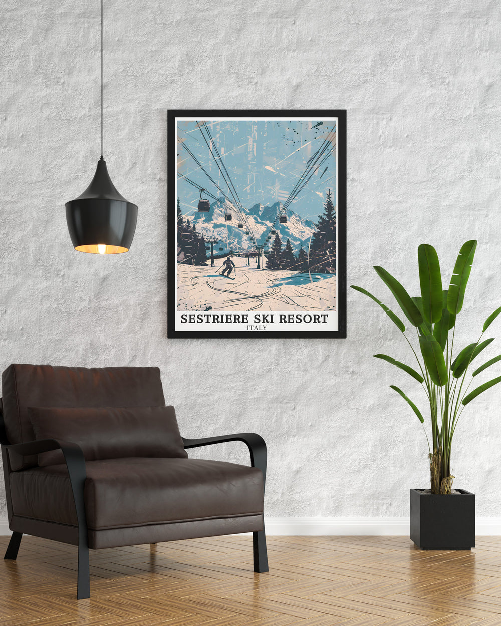 Mountain poster of Sestriere Ski Resort in the Italian Alps. This art print captures the breathtaking landscapes and vibrant atmosphere of the Sestriere Vialattea Ski Area. Perfect for travel enthusiasts and lovers of winter sports.