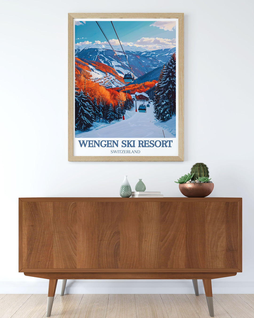 Explore the scenic beauty of Wengen with this Swiss travel poster, capturing the resorts picturesque landscapes and inviting atmosphere. Ideal for travel enthusiasts and nature lovers looking to add a touch of alpine adventure to their decor.