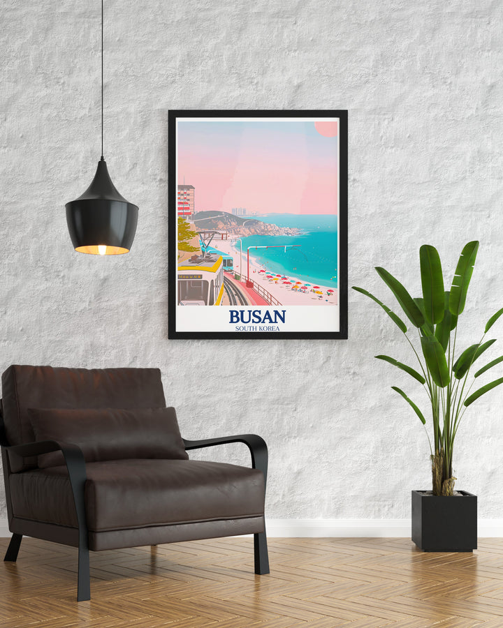 South Korea print showcasing Haeundae Beach and the Haeundae Beach Train capturing the beauty of Busans coastline in a stunning art piece perfect for modern decor and travel lovers looking to bring the essence of Busan into their home.