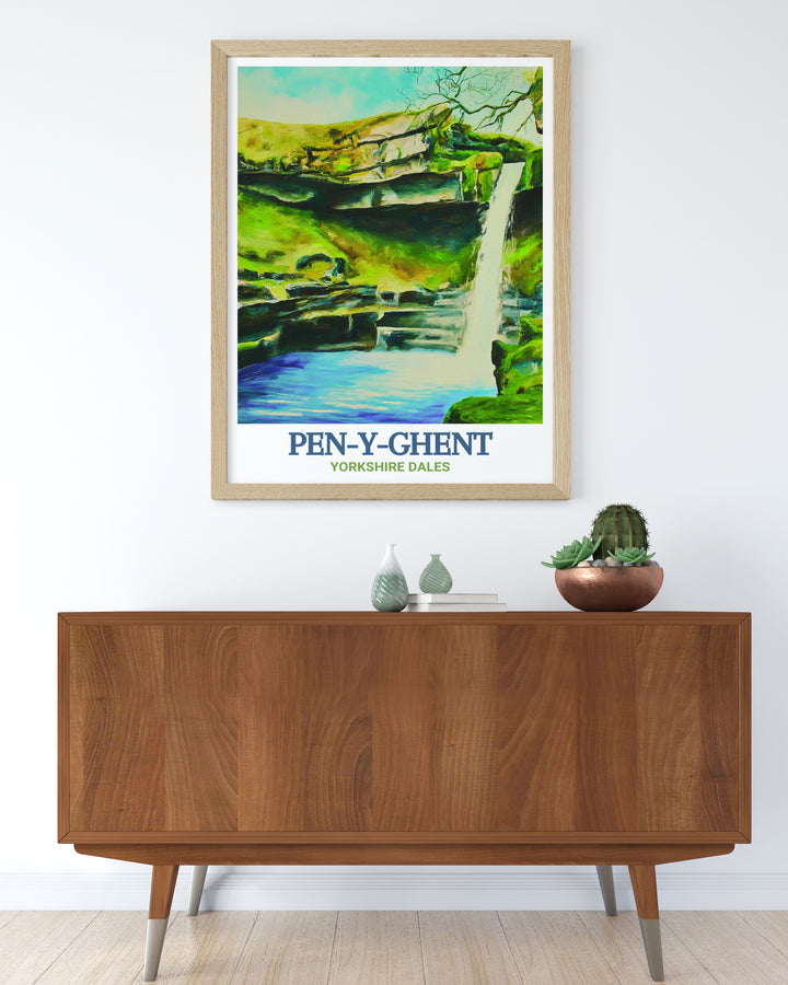 Hull Pot landscape art featuring the serene surroundings and unique geological features of Hull Pot near Pen Y Ghent. This scenic print captures the essence of the Yorkshire Dales, providing a visual escape to one of Englands most beautiful locations.