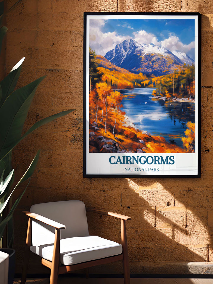 This travel poster captures the essence of the scenic Cairngorms National Park and the thrilling Cairngorm Mountain, highlighting their unique beauty and significance, making it perfect for enhancing your home decor with Scotlands charm.