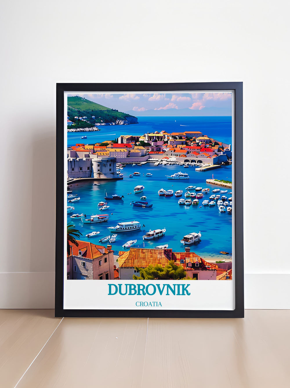 Vintage poster highlighting Dubrovniks historical charm, featuring the Old Town Harbor and its scenic coastal views.