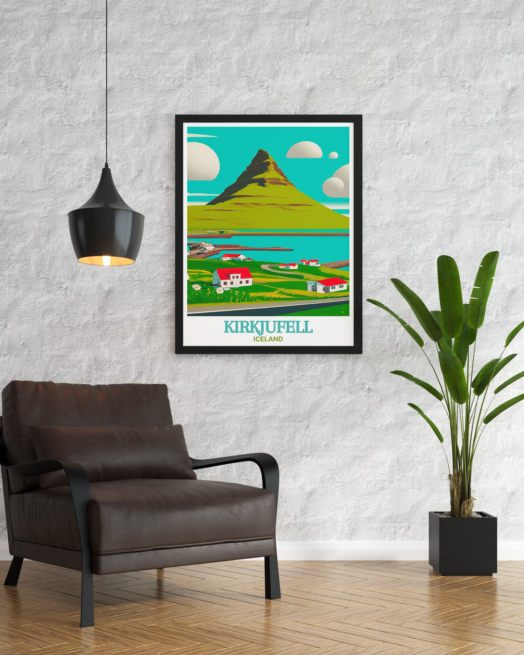 Iceland Travel Poster offering a detailed view of Icelands iconic Kirkjufell mountain and the surrounding landscapes of Grundarfjörður. The poster captures the essence of Icelands natural beauty, making it a must have for anyone who dreams of exploring this breathtaking country.